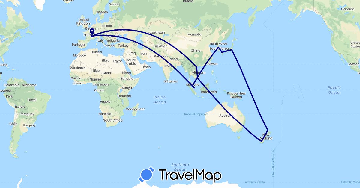 TravelMap itinerary: driving in Australia, France, Japan, South Korea, Malaysia, New Zealand, Singapore, Vietnam (Asia, Europe, Oceania)